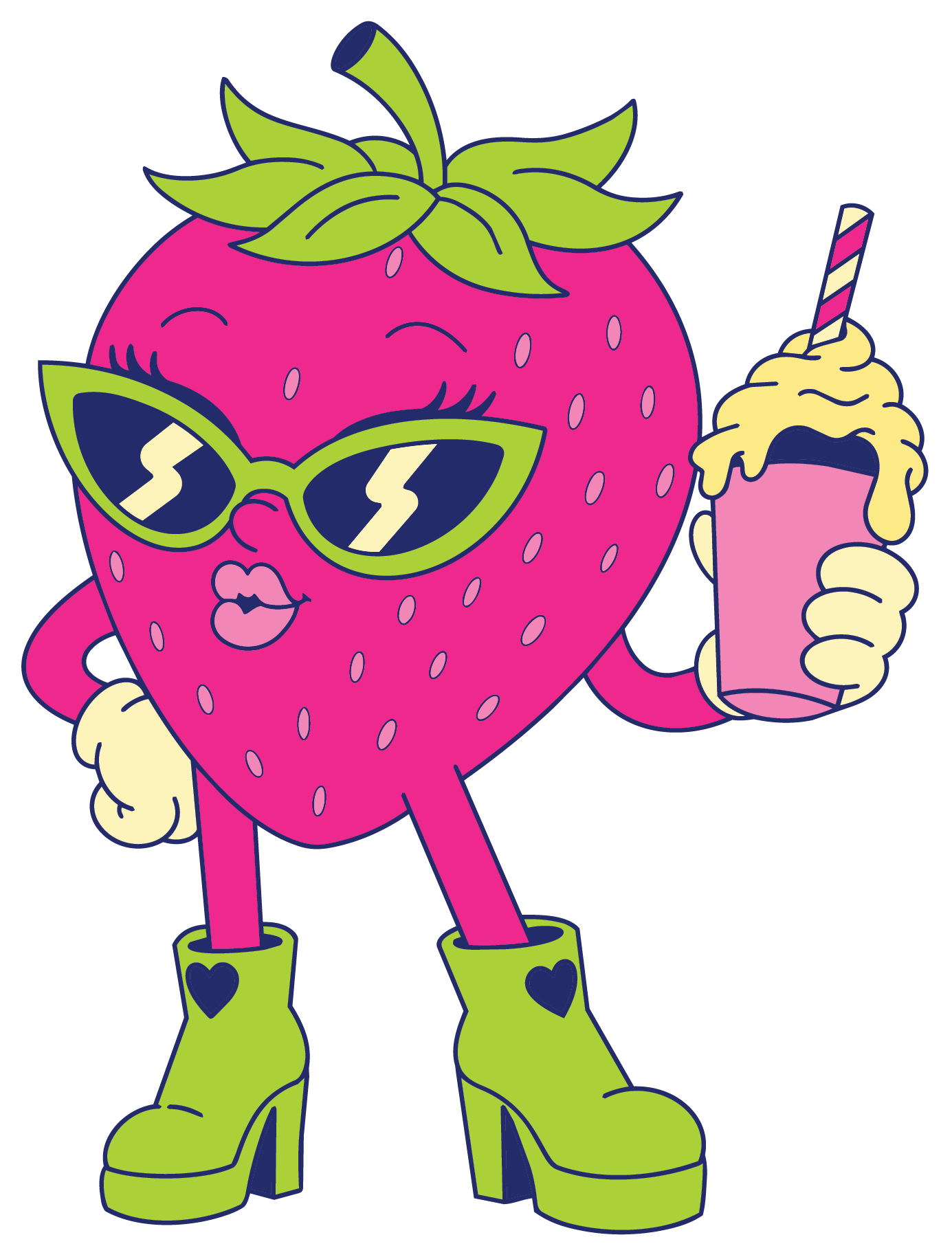 Cartoon anthropomorphic strawberry character with green leaves on head, wearing sunglasses, with pink lips, holding a pink beverage with whipped cream and a straw, wearing green boots with heart designs.