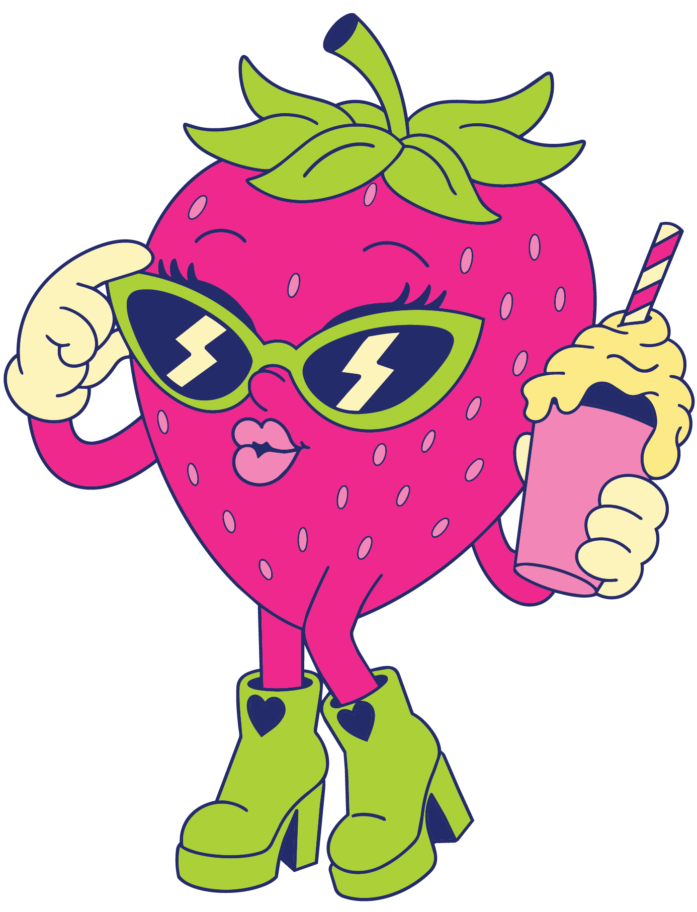 A cartoon anthropomorphic strawberry character wearing green sunglasses with lightning bolt reflections, yellow gloves, green boots with black hearts, holding a pink milkshake with whipped cream and a striped straw, and making a peace sign with one h