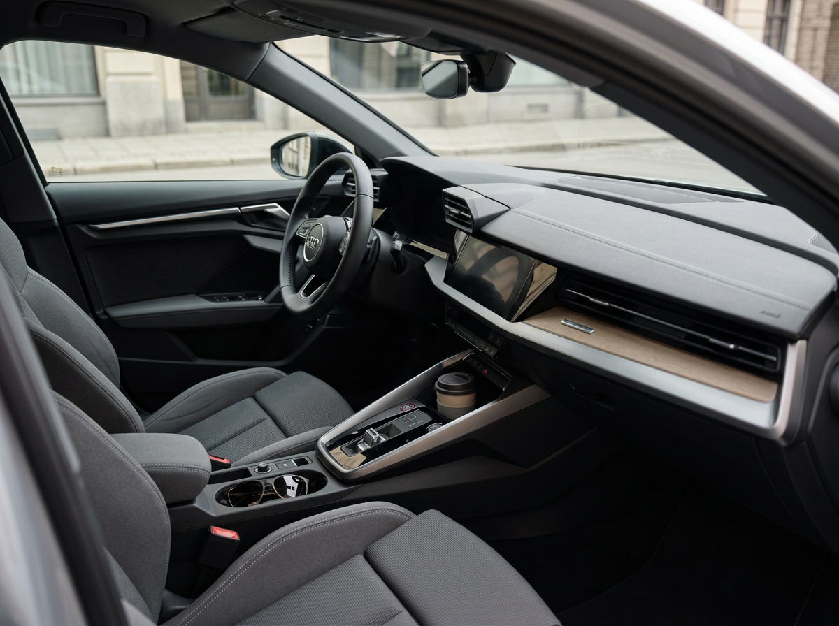 Interior of a modern car showing the driver's seat, dashboard, steering wheel, and center console with a cup holder.
