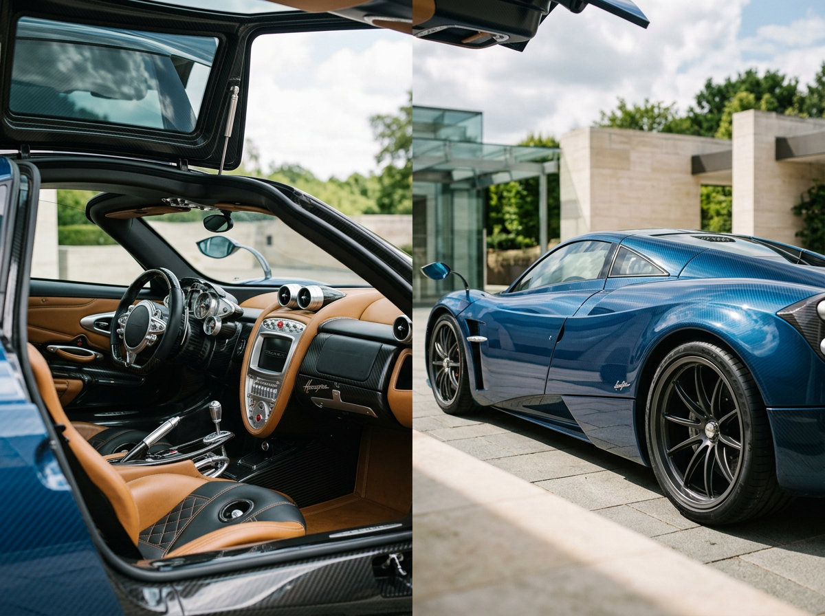 Interior and exterior views of a high-performance blue luxury sports car, showing the detailed dashboard, steering wheel, seats inside, and the sleek exterior with large black wheels outside.