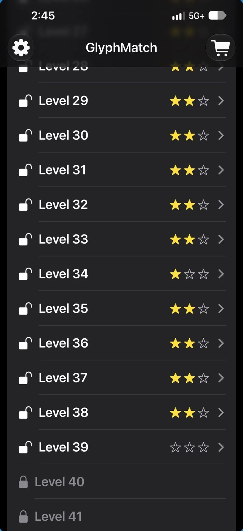GlyphMatch level list with star ratings beside completed levels and a lock beside a later level.