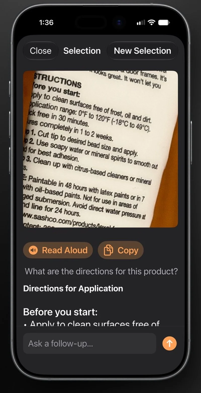 Lupek displays a captured label and an answer about its directions, with Read Aloud, Copy, and an Ask a follow-up field.