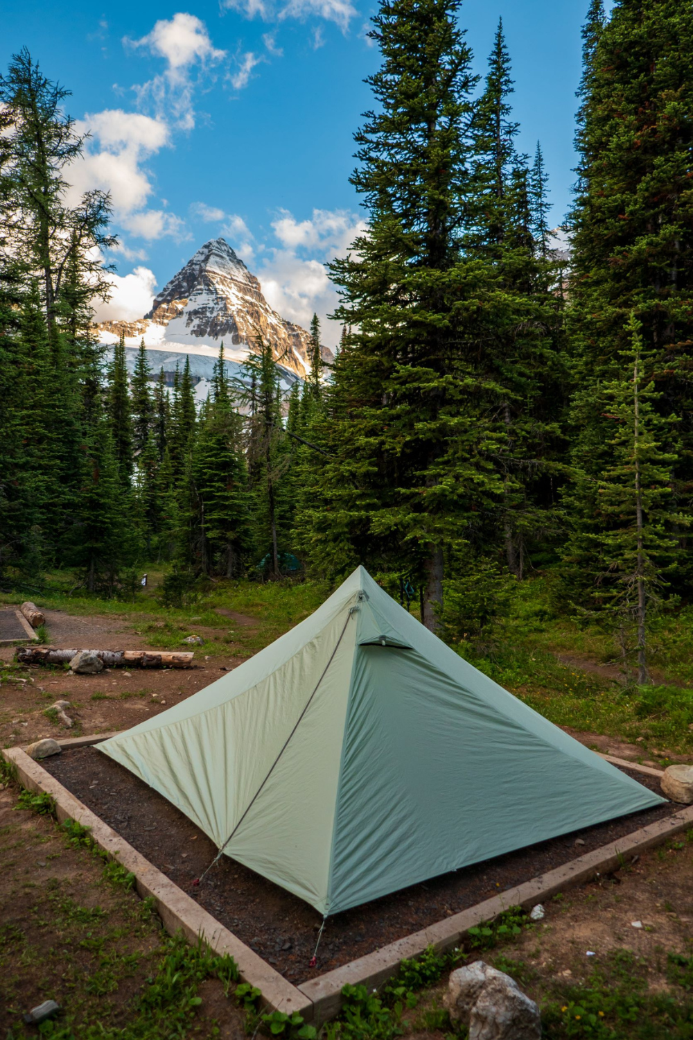 A camping tent set up in a forest with tall pine trees, with a snow-capped mountain in the background and partly cloudy sky.