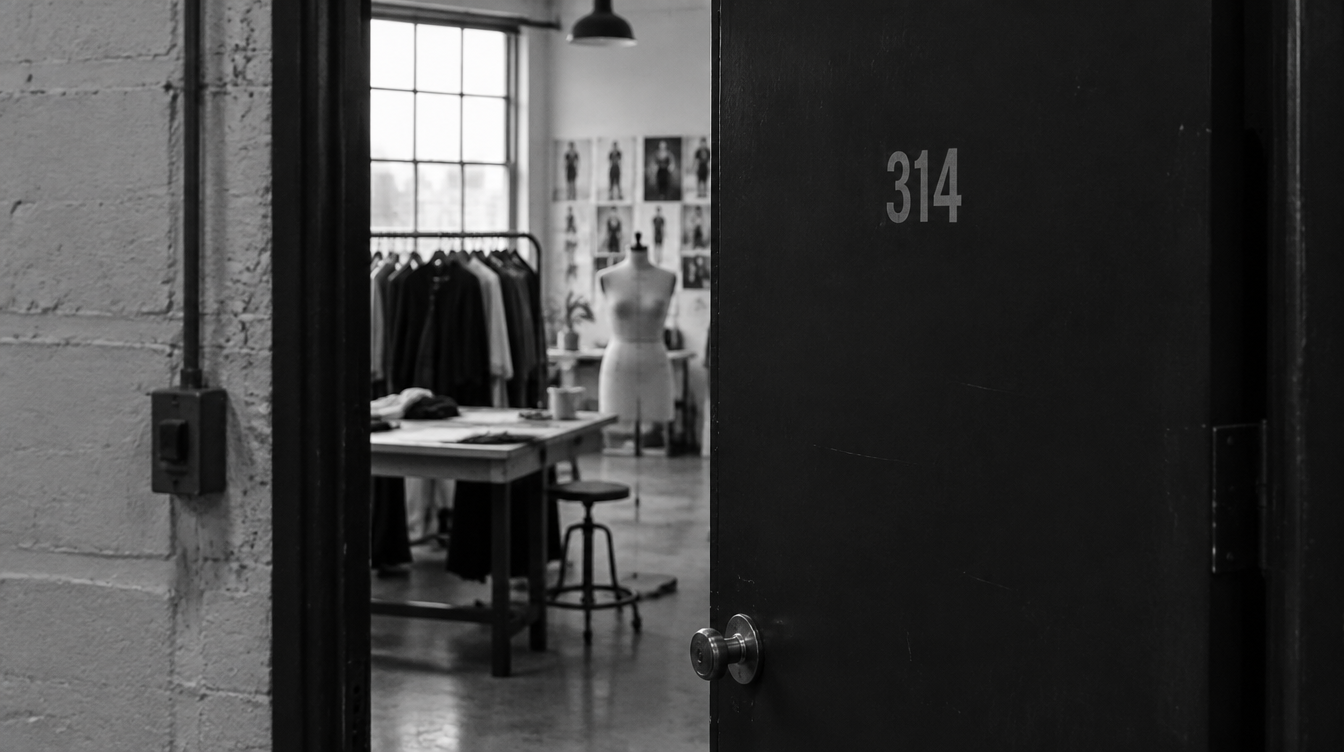 Open door marked 314 revealing a black-and-white fashion design studio with clothing racks, worktable, mannequin, and sketches.
