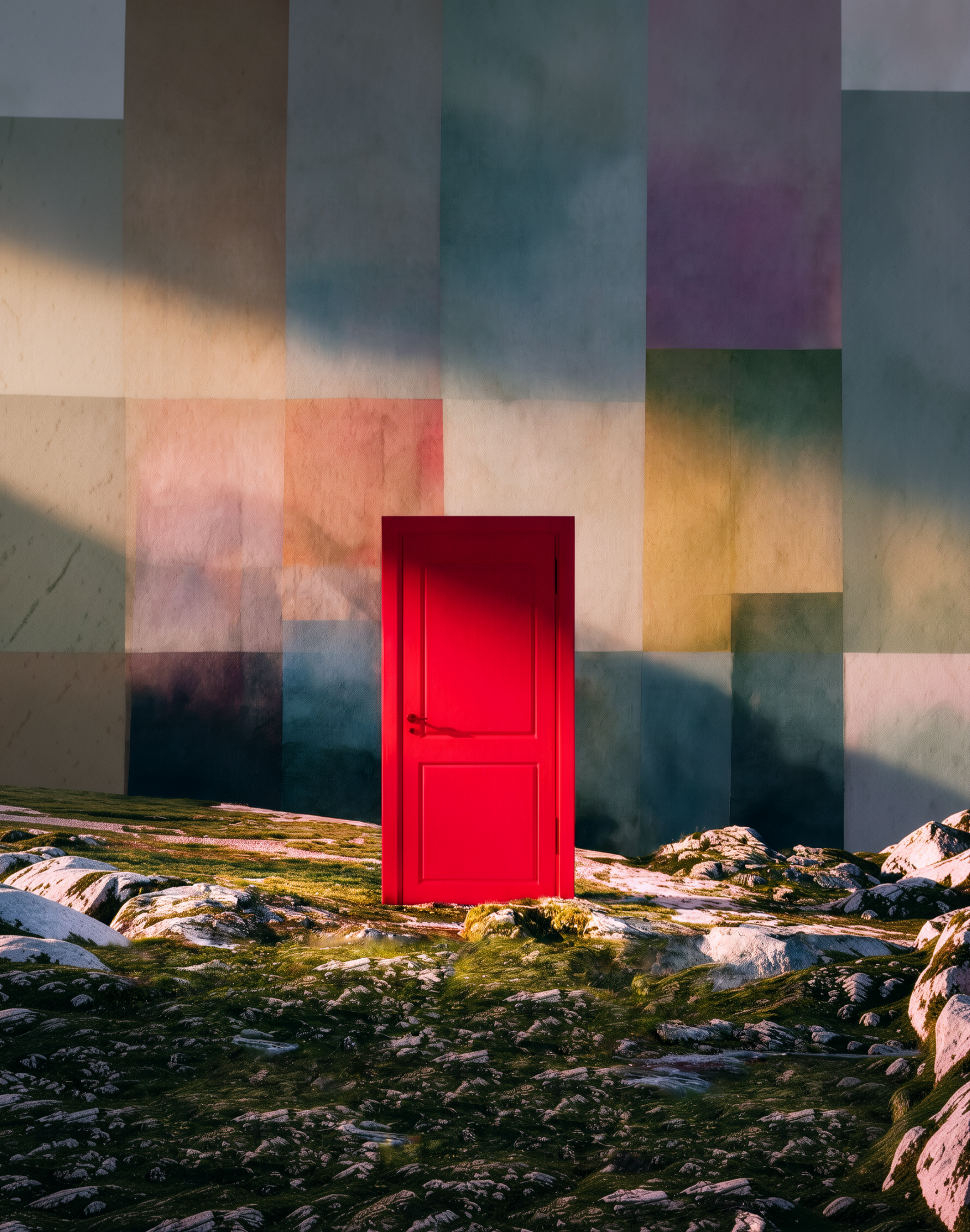 Bright red door standing in a rocky, moss-covered landscape before a colorful abstract wall
