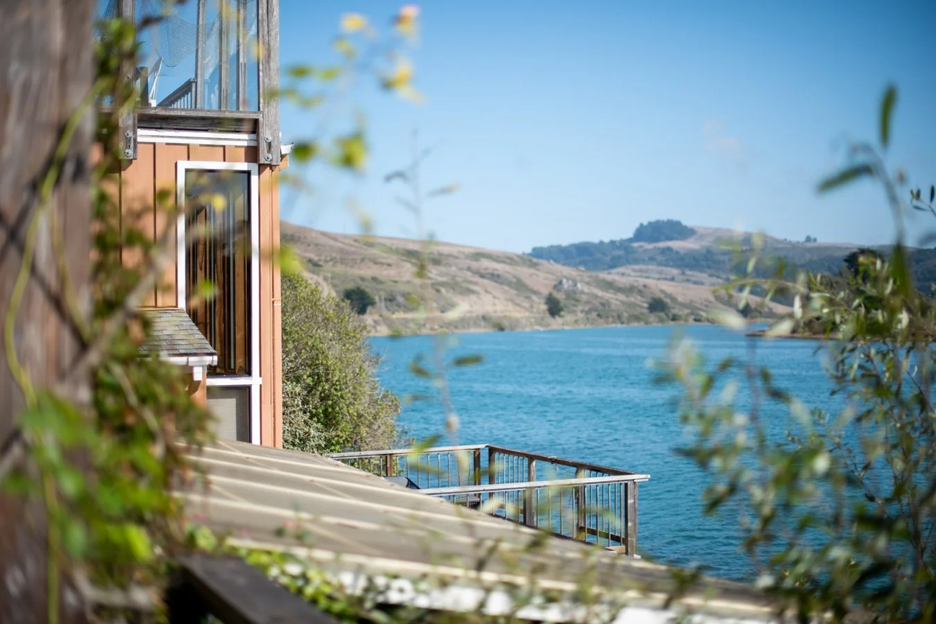 A house near a body of water with hills in the background, surrounded by trees and plants.