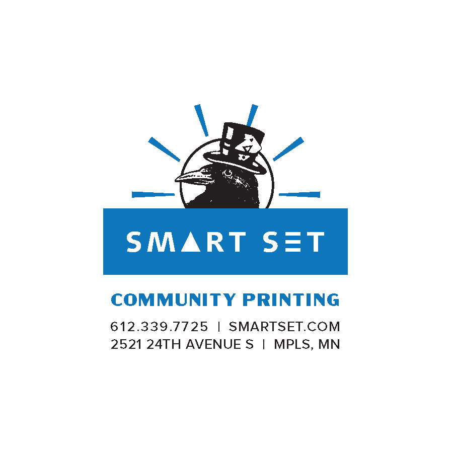 Business card for Smart Set Community Printing, featuring a penguin wearing a top hat, with contact info and address in Minnesota.