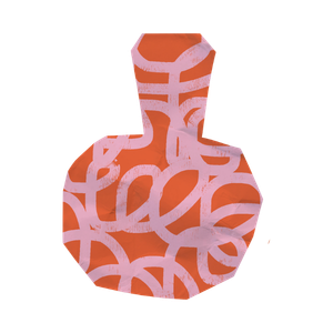 Abstract patterned sculpture or object with orange and light pink colors and looping designs