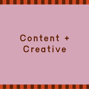 Text on a pink background that reads 'Content + Creative' with a red and black striped border at the top and bottom.