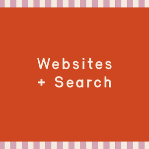 Orange background with white text that says "Websites + Search," bordered by purple and white striped pattern.