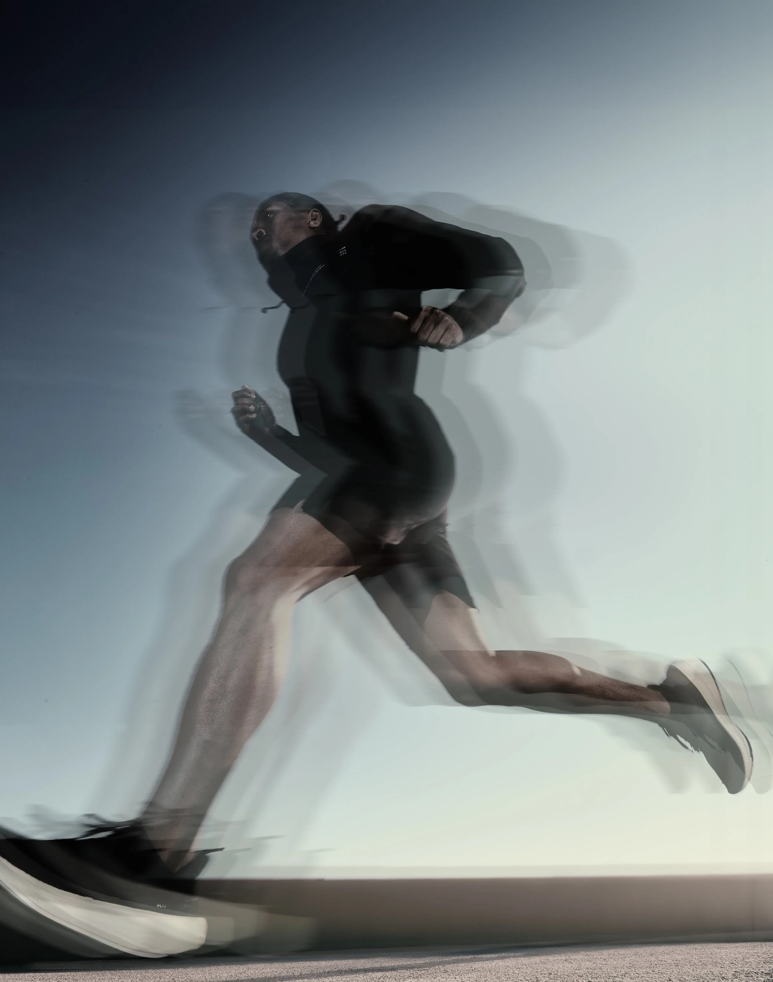 A person running inside an airplane as seen through an airplane window during daytime.