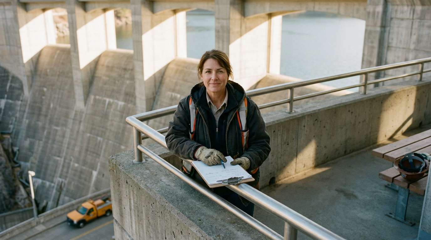 A woman standing on a concrete balcony, overlooking a hydroelectric dam and a river, holding a clipboard and pen, wearing work gloves and a black jacket with a backpack.