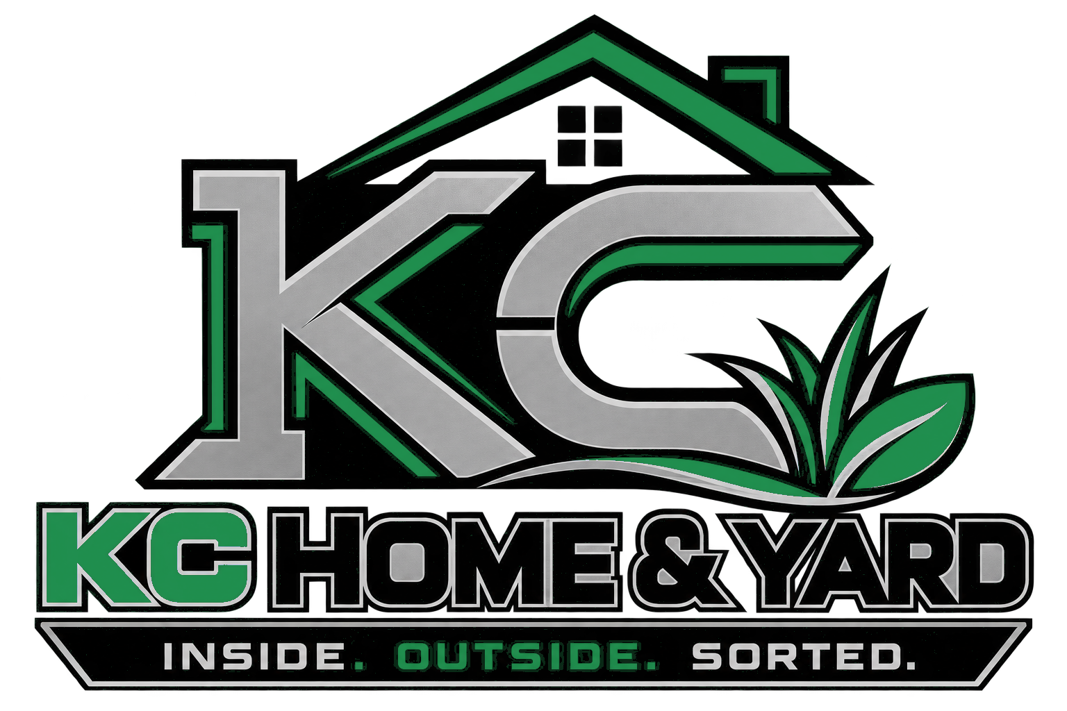 KC Home & Yard logo with large stylized 'K' and 'C', green and black color scheme, house outline in background, and text 'Inside. Outside. Sorted.' at the bottom.