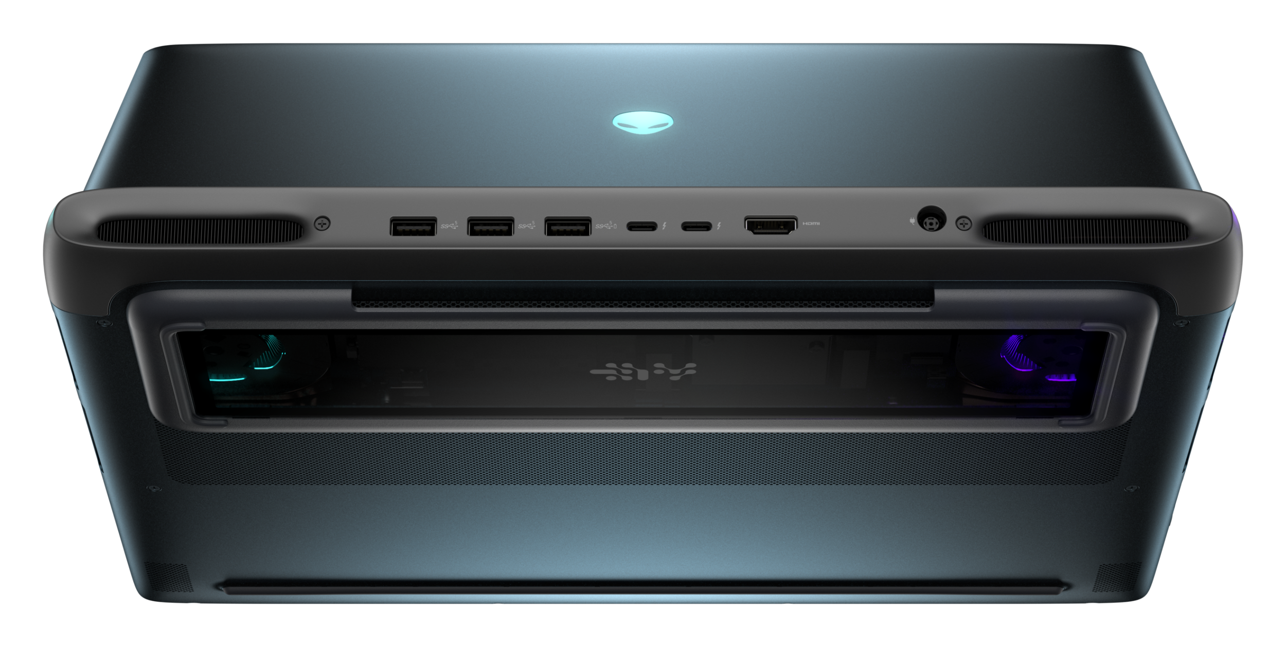 The image shows the back view of a futuristic computer with ports, ventilation, and a clear glass window.