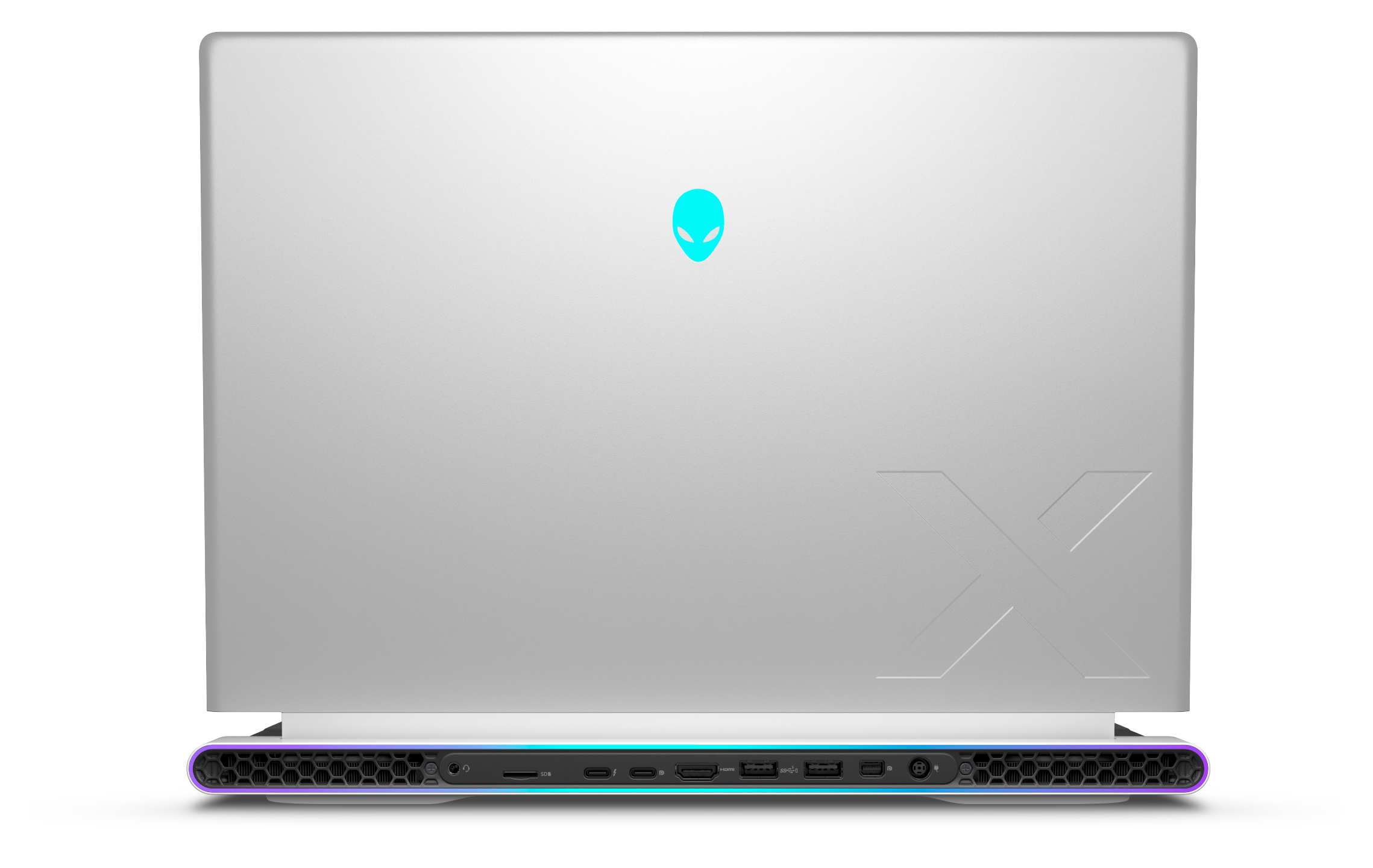 Back view of a silver gaming laptop with a blue alienware logo and various ports including SD card slot, HDMI, USB, and power input.