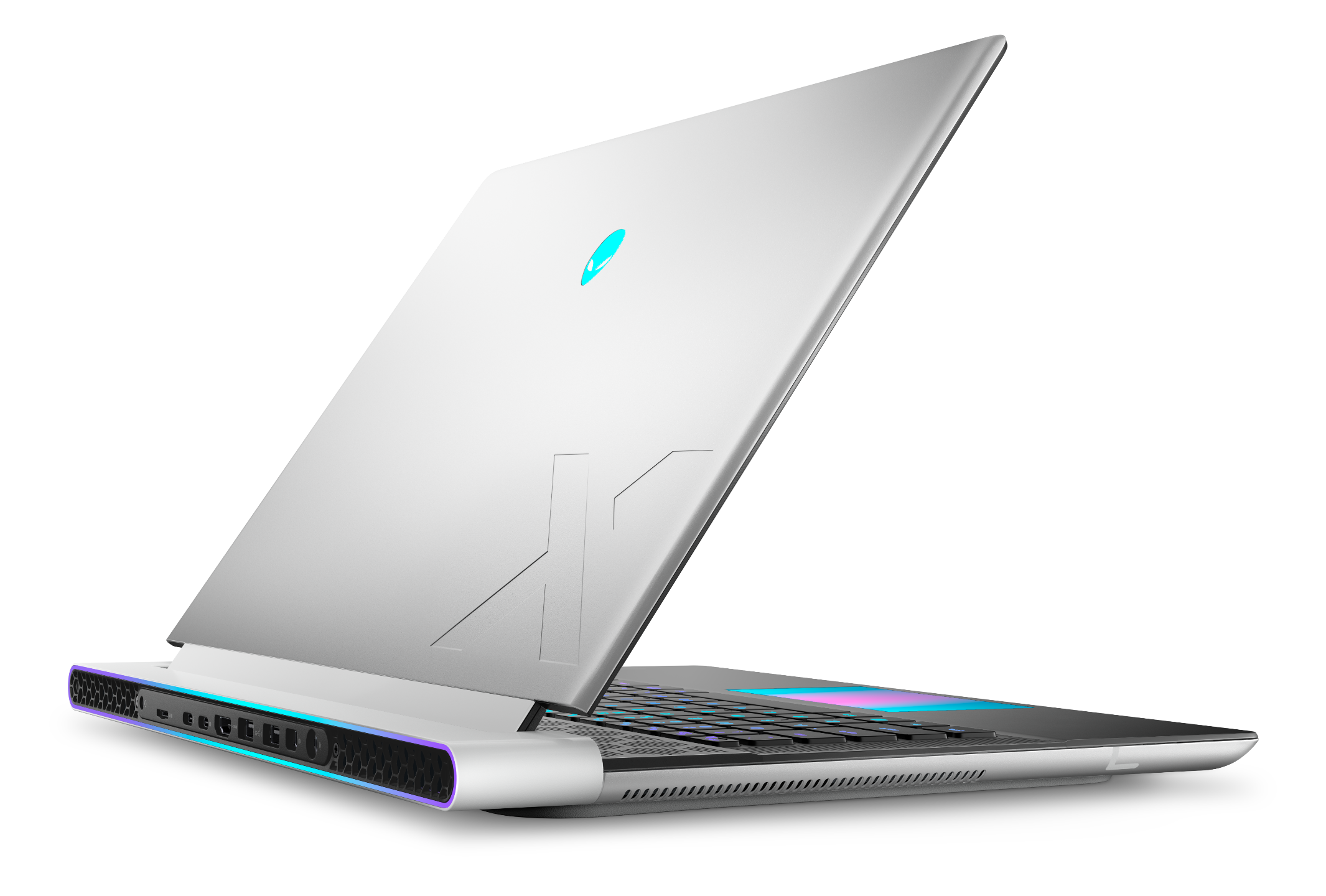 A gaming laptop with a sleek silver design, illuminated colorful keyboard, and a glowing Alienware logo on the back of the screen.