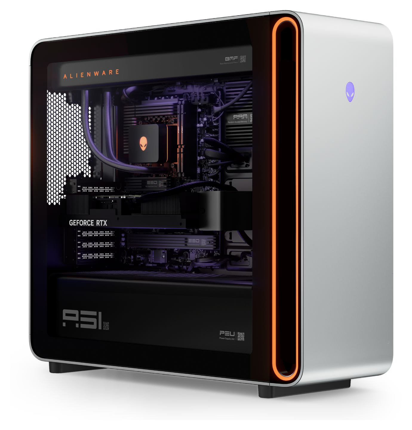 A gaming computer with a silver case, orange LED accents, and a transparent side panel revealing the internal components, including an Alienware logo, a GeForce RTX graphics card, and a liquid cooling system.