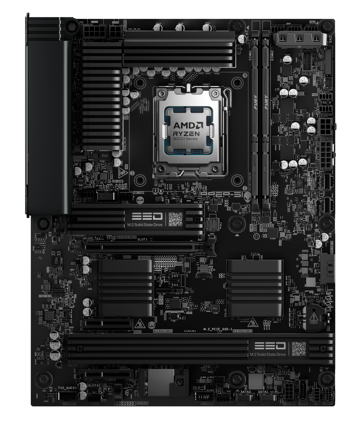 A computer motherboard with an AMD Ryzen 9000 series CPU socket, RAM slots, PCIe slots, and storage connectors.