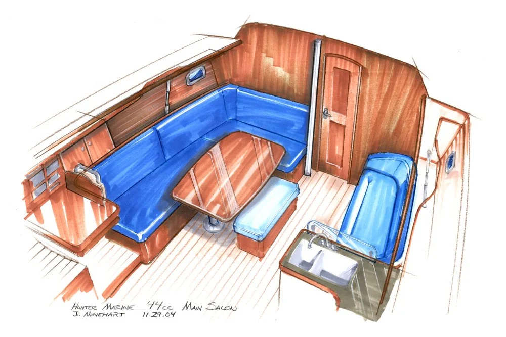 Sketch of a boat's interior with blue upholstered seating, a wooden table, a sink, and a door.