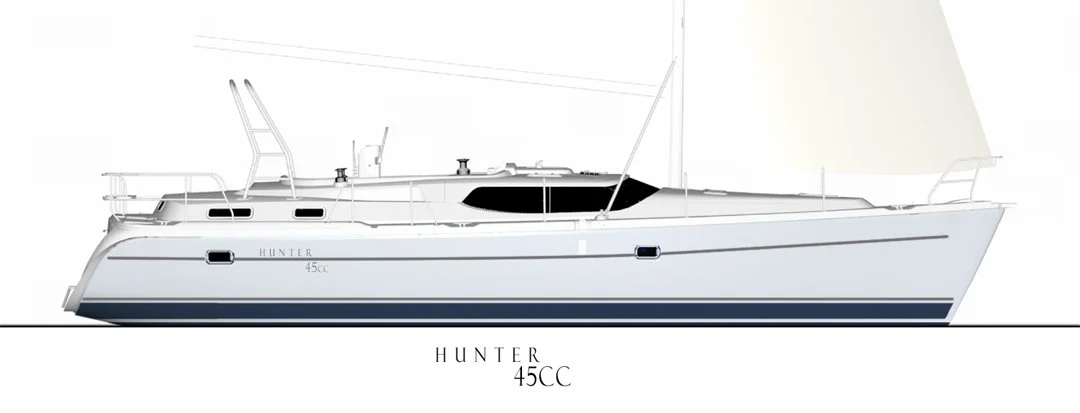 Side view of a Hunter 45CC sailboat with a white hull and black accents, featuring a single mast and a small cabin, set against a plain background.