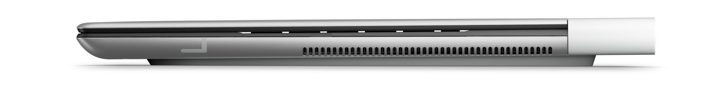 Close-up side view of a closed silver laptop showing the hinge, ventilation grilles, and a small light indicator.