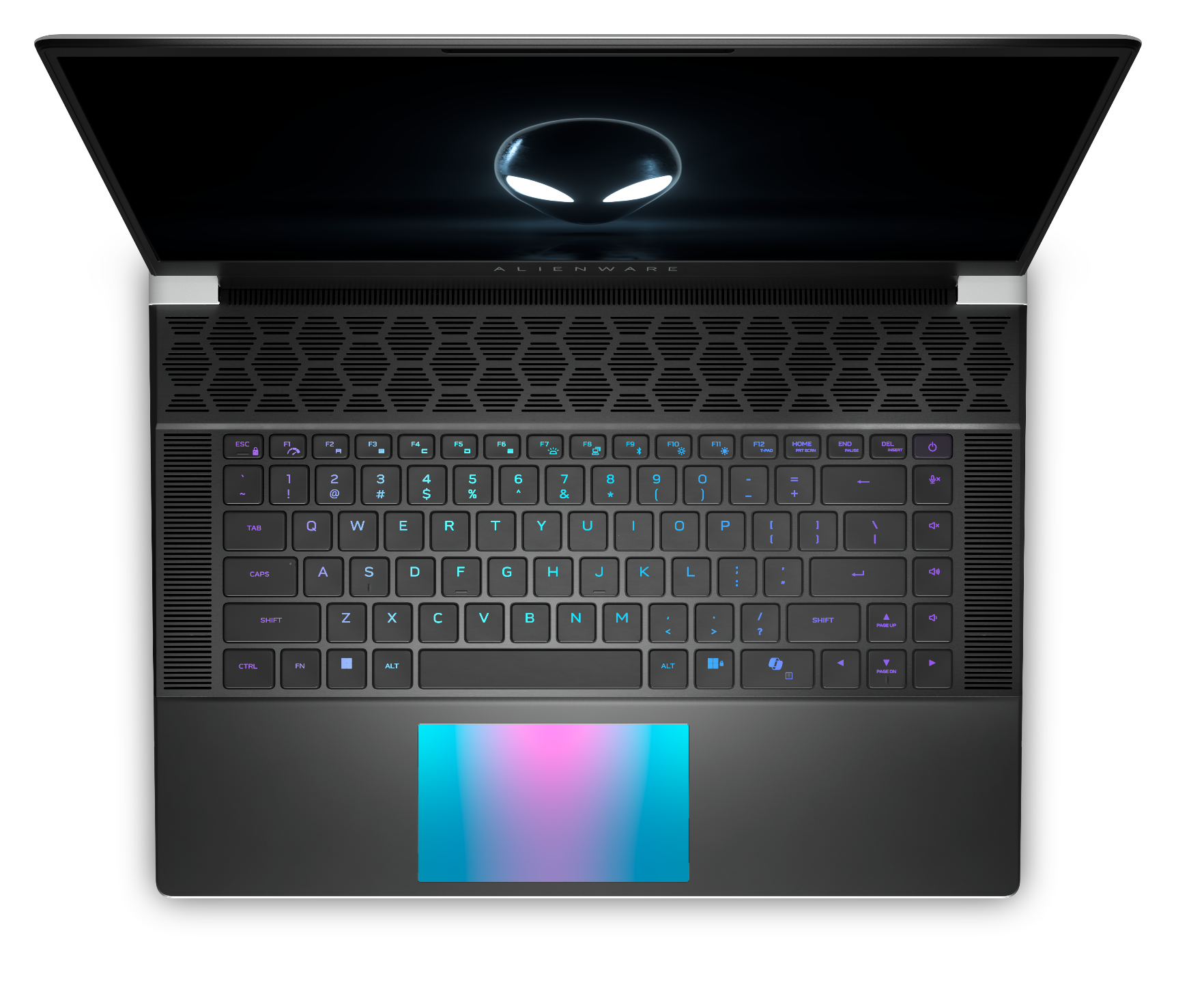 A black gaming laptop with a high-resolution display showing an alien head logo, a full keyboard with backlit keys, and a colorful touchpad area.