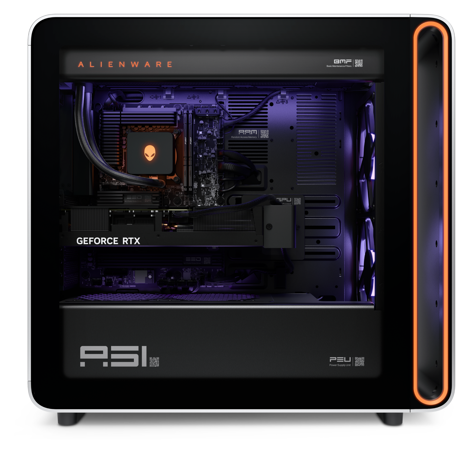 Inside a high-end gaming PC with LED lighting, featuring an Alienware branded liquid cooling system, a GeForce RTX graphics card, and various internal components, viewed from the side window.