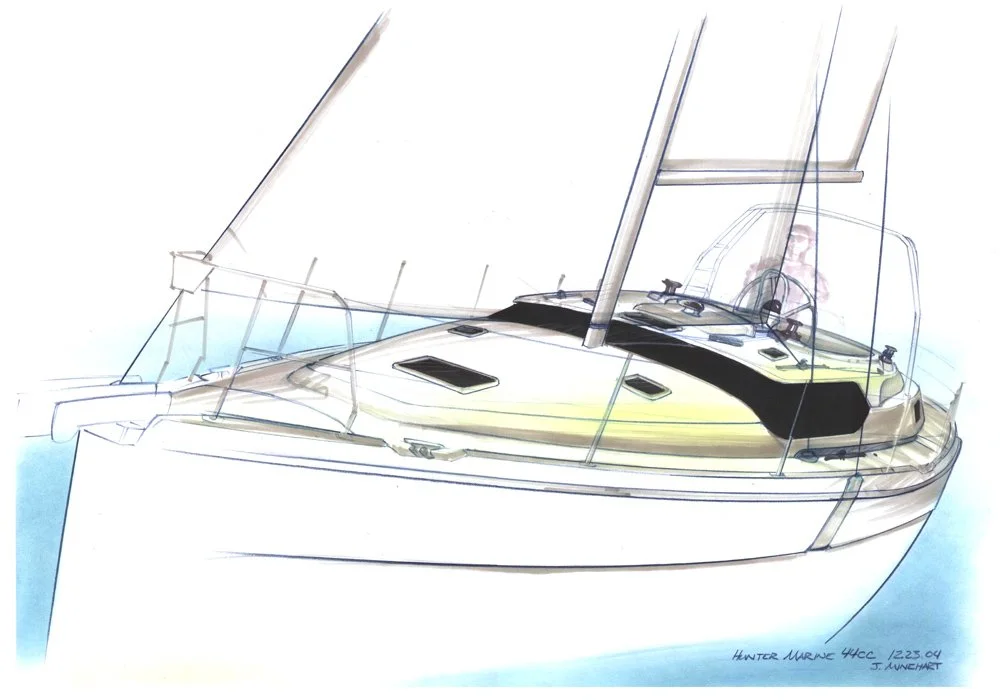Drawing of a sailboat with beige and black deck, white hull, and blue water background, featuring sails and cockpit.