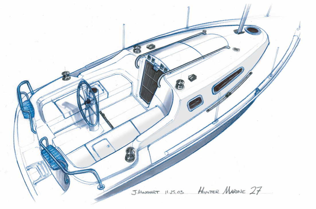 Line drawing of a sailboat interior and exterior, showing steering wheel, cabin, windows, and deck rails.