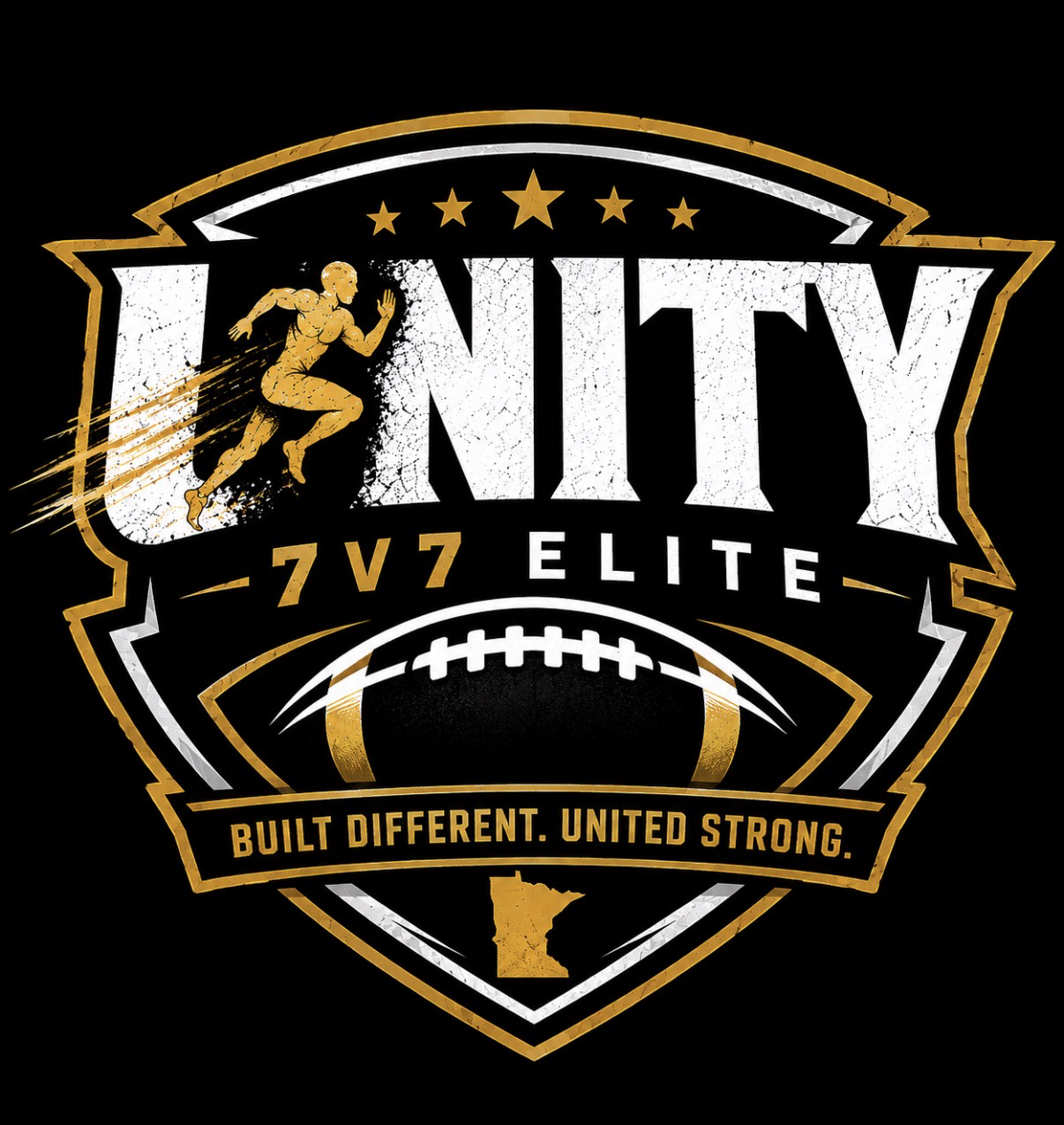 A black and gold sports team logo featuring a running female athlete, a football, and the text 'Unity 7v7 Elite'. The logo includes a map of Minnesota and the slogan 'Built Different. United Strong.'