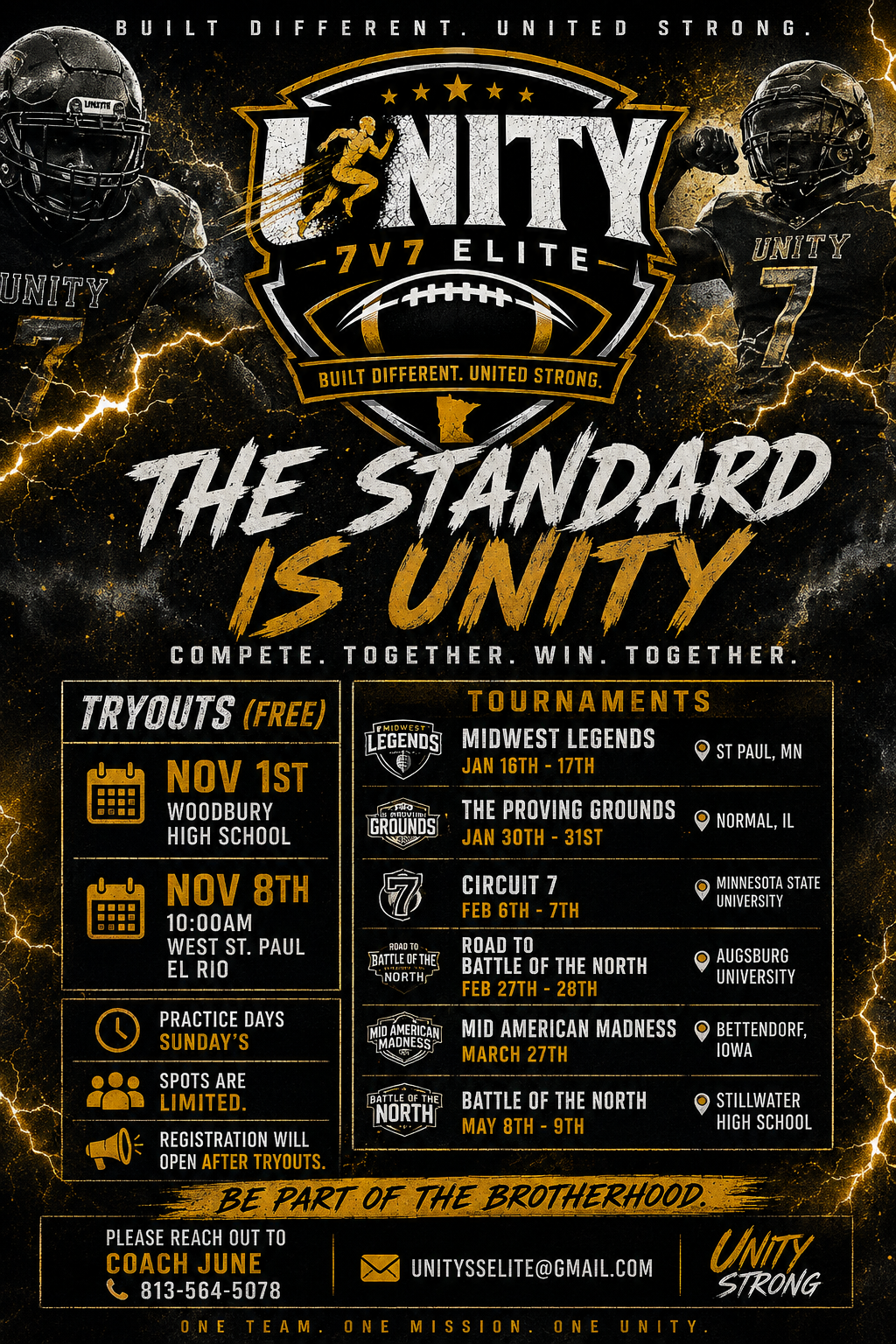 Image promoting Unity 7v7 Elite football tournament with event dates, locations, tryout information, and team slogans. Features muscular football players, lightning effects, and bold text emphasizing unity and competition.