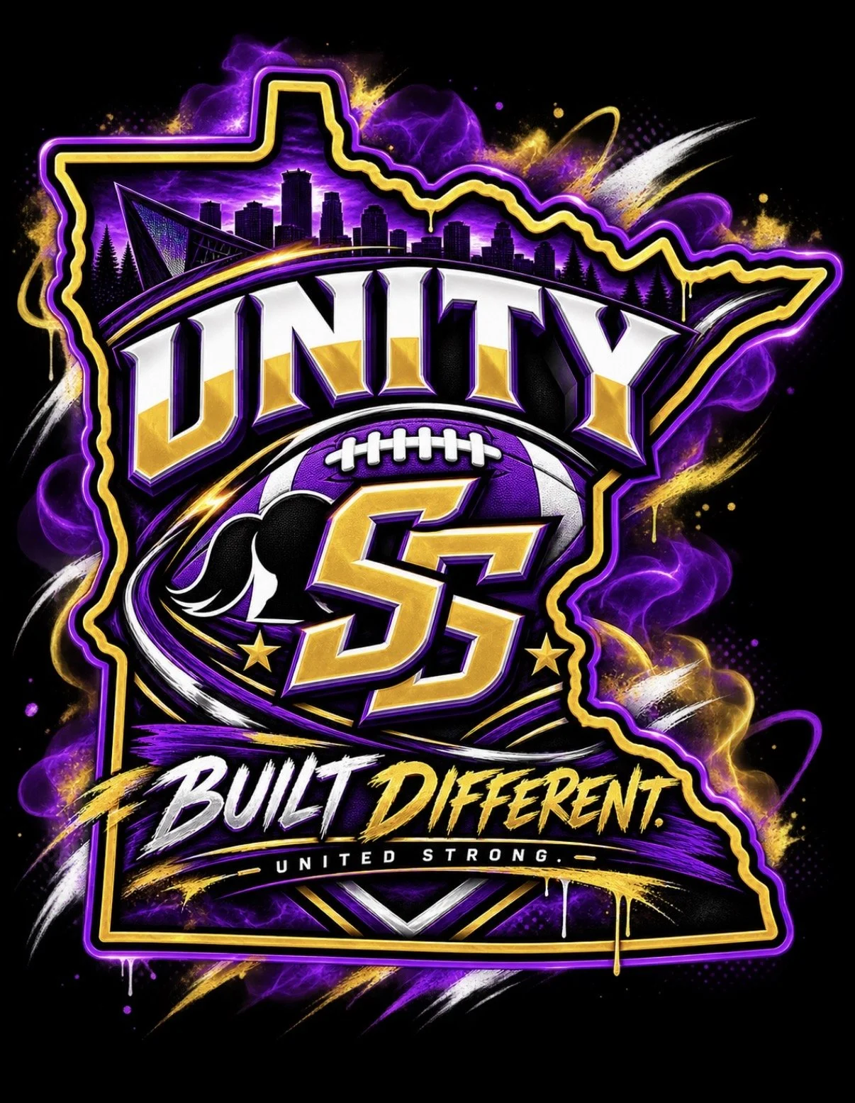 A digital design of Texas shaped outline with bold text reading 'UNITY' at the top and 'BUILT DIFFERENT' at the bottom. The design features purple, gold, black, and white colors with a city skyline, football, and swirling effects. The slogan 'United Strong.' appears below 'BUILT DIFFERENT'.