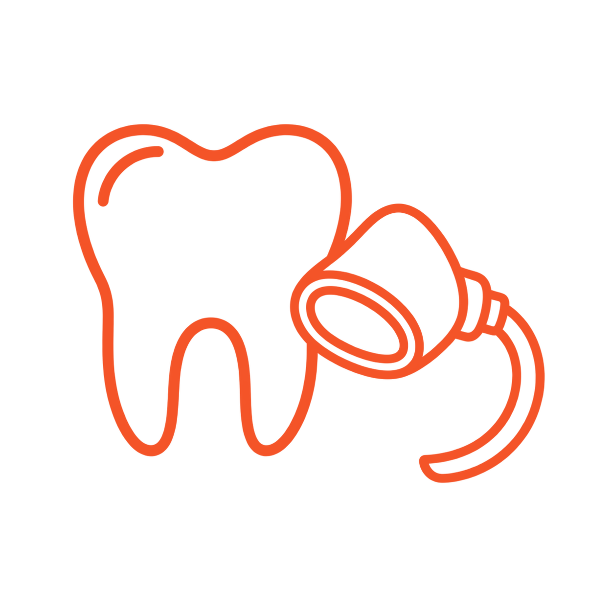 Outline drawing of a tooth with dental tools, including a dental mirror and scaler, on a black background.
