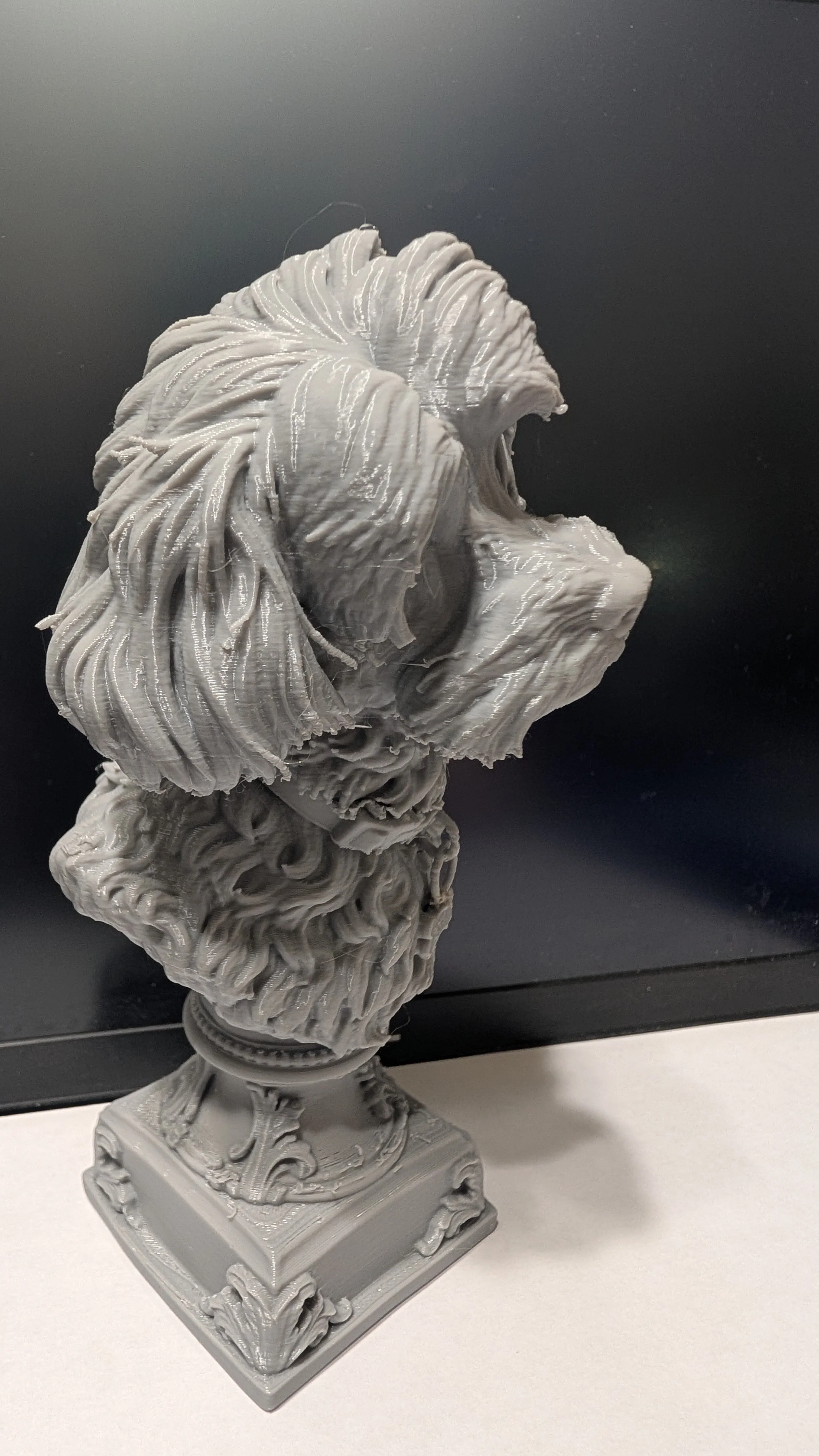 Gray bust sculpture of a person's head and shoulders on an ornate pedestal.