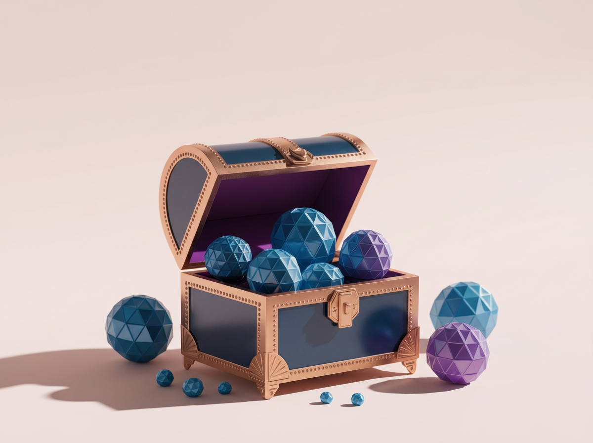A decorative treasure chest open with blue and purple geometric patterned balls inside and outside