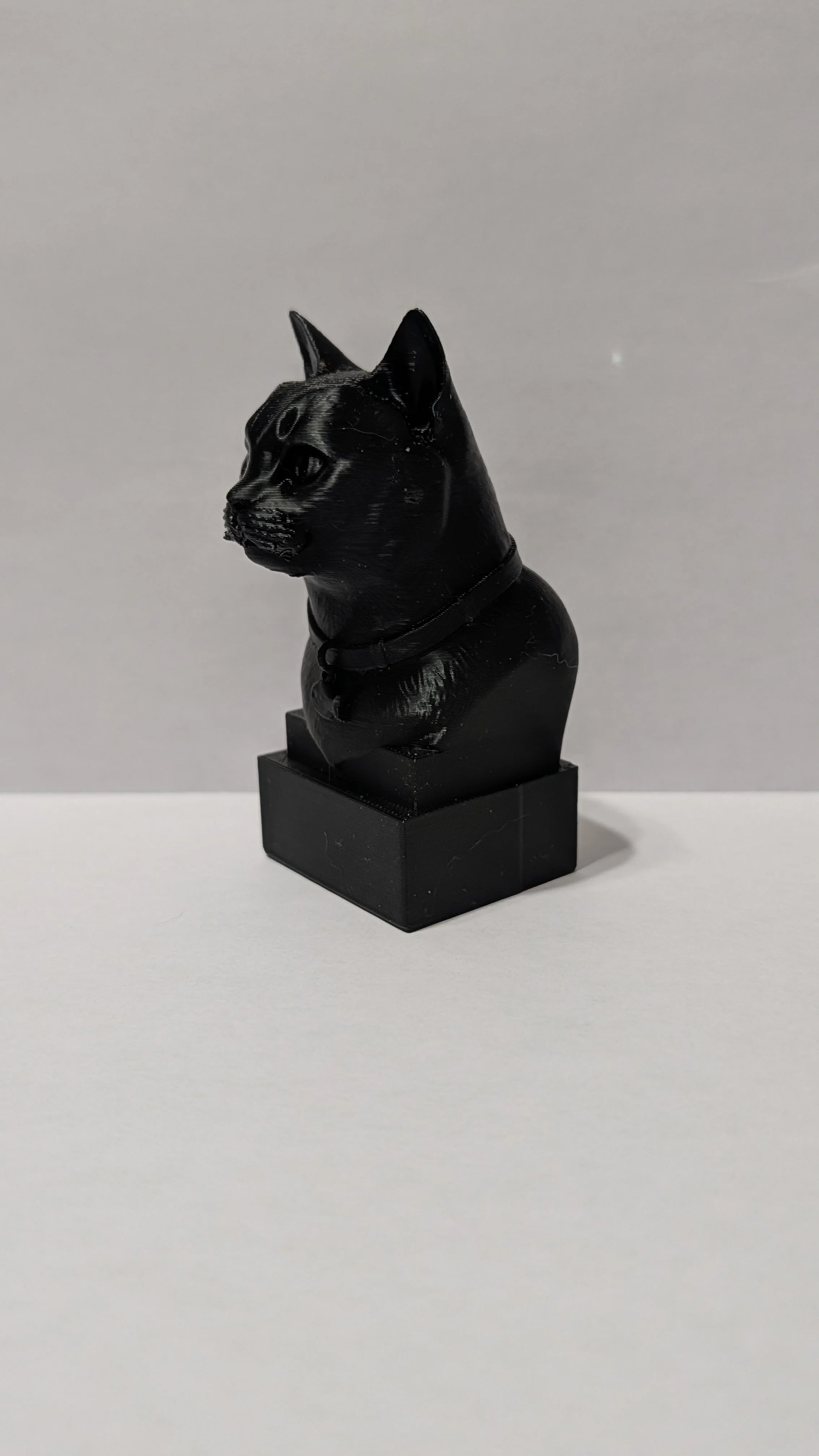 A black 3D-printed cat bust displayed on a black rectangular base.