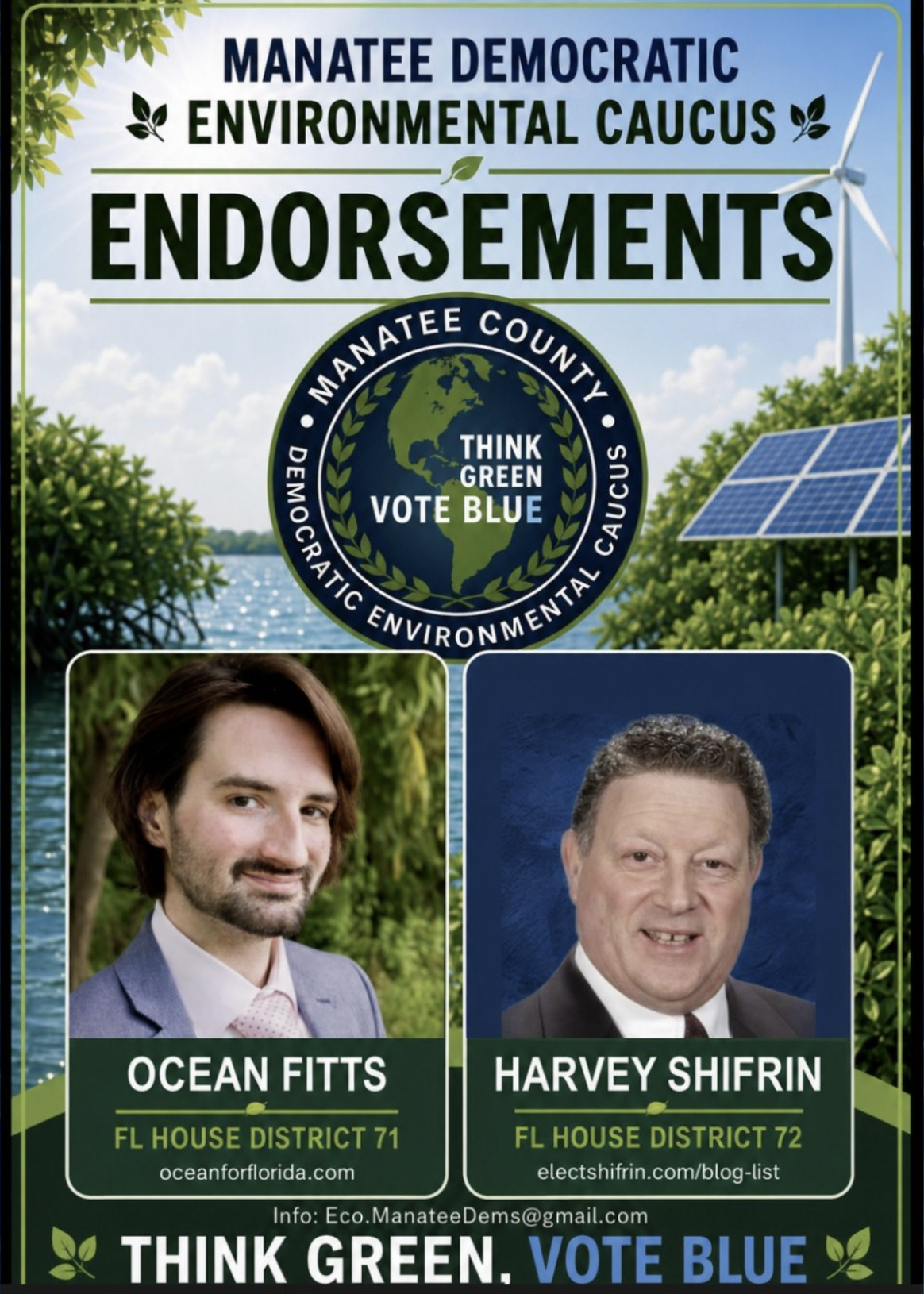 Manatee Democratic Environmental Caucus endorsement graphic for Ocean Fitts, Florida House District 71, and Harvey Shifrin, Florida House District 72, with the caucus seal and the slogan “Think Green, Vote Blue.”