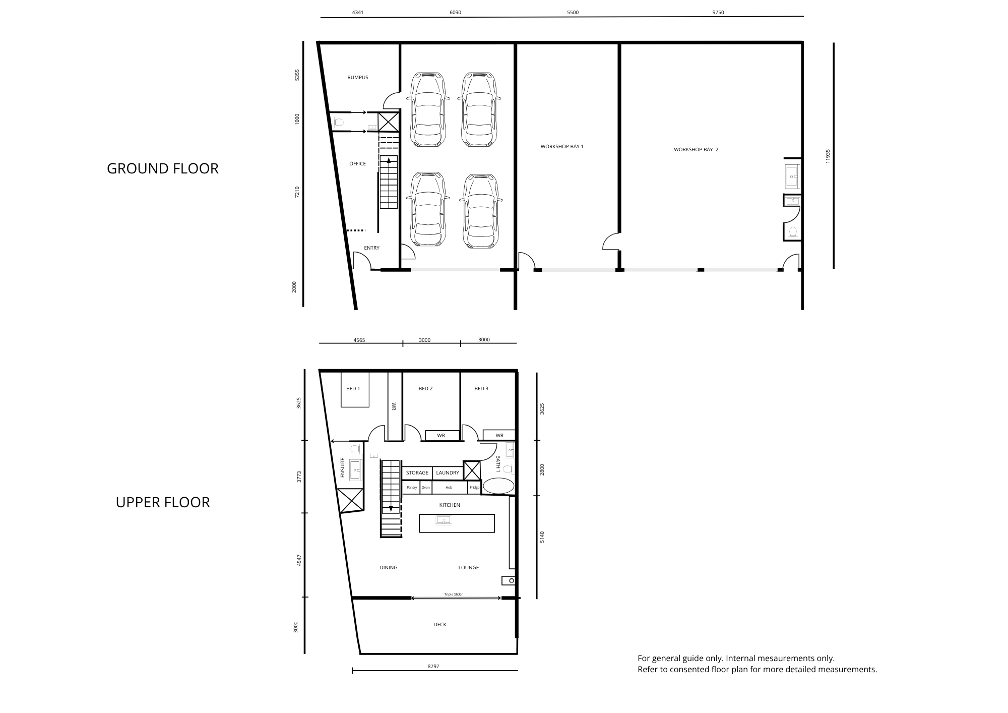 Floor plan of a two-story house showing ground floor and upper floor layouts, including garage, workshop, office, bedrooms, kitchen, living areas, and outdoor deck.