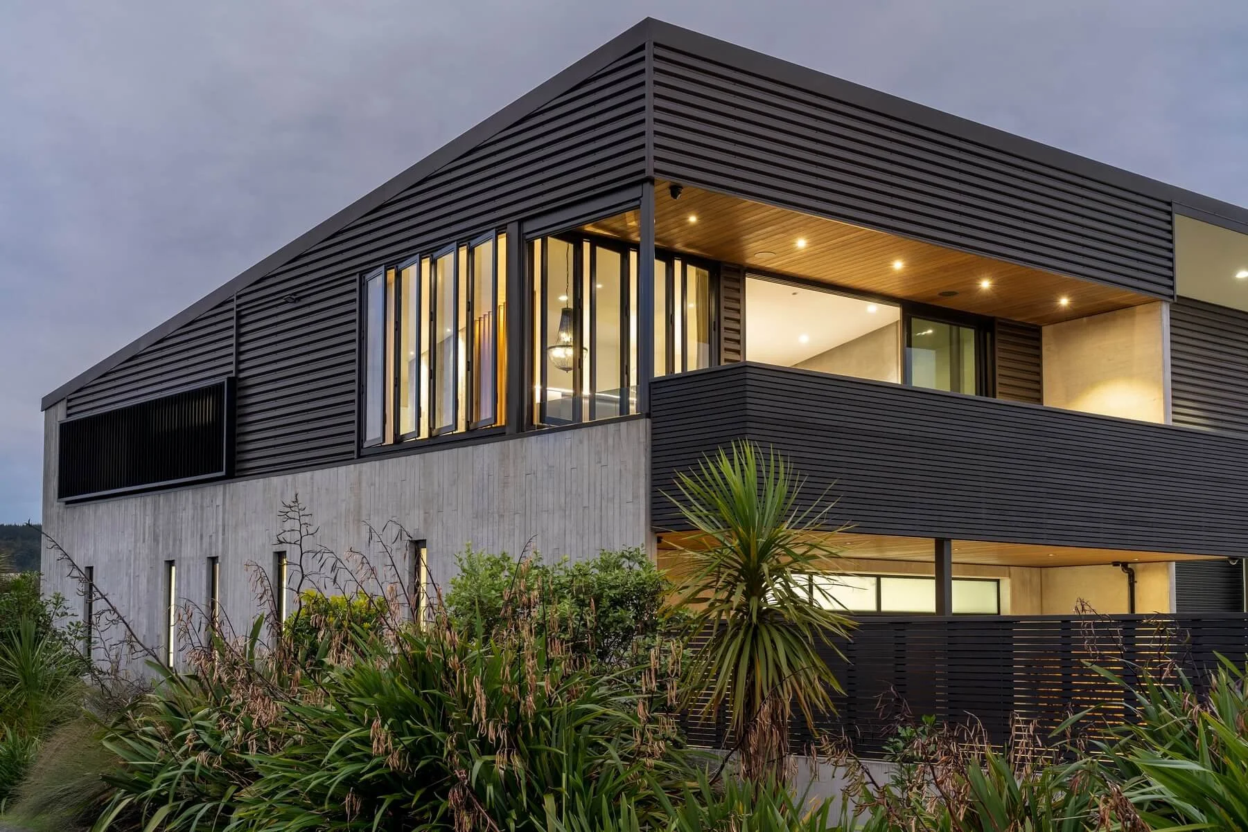 Modern multi-story house with black siding and large windows, surrounded by greenery and plants.