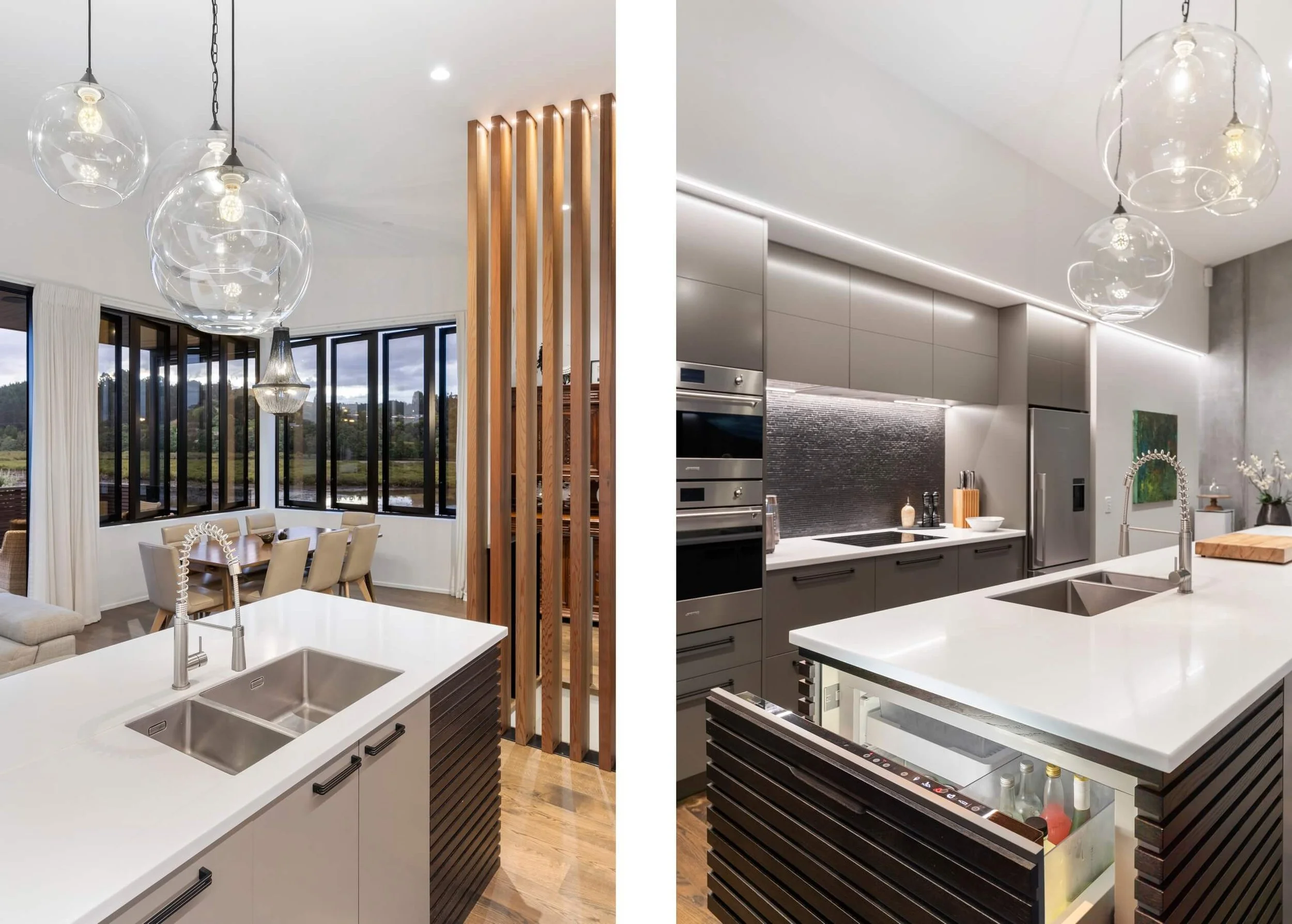 Side-by-side images of modern kitchens with white countertops, gray cabinets, pendant lighting, and large windows in the dining area