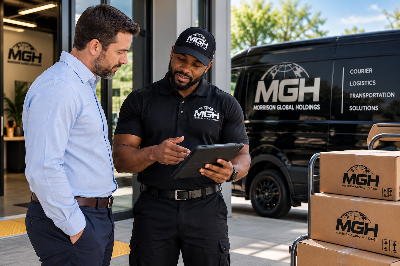 Two men standing outside a Morrison Global Holdings store, one in business attire and the other in a black uniform with MGH logo, discussing something on a tablet. There are boxes and a delivery van with MGH branding nearby.