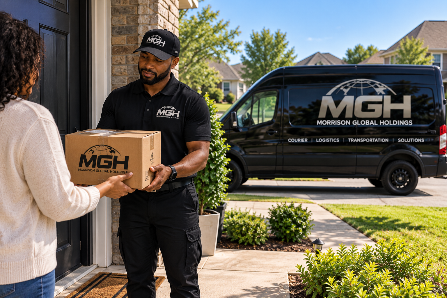 A delivery person handing a cardboard box to a woman at her front door on a sunny day. The delivery person is wearing a black polo shirt and cap, both with the Morrison Global Holdings (MGH) logo. A black MGH van is parked nearby in the driveway.