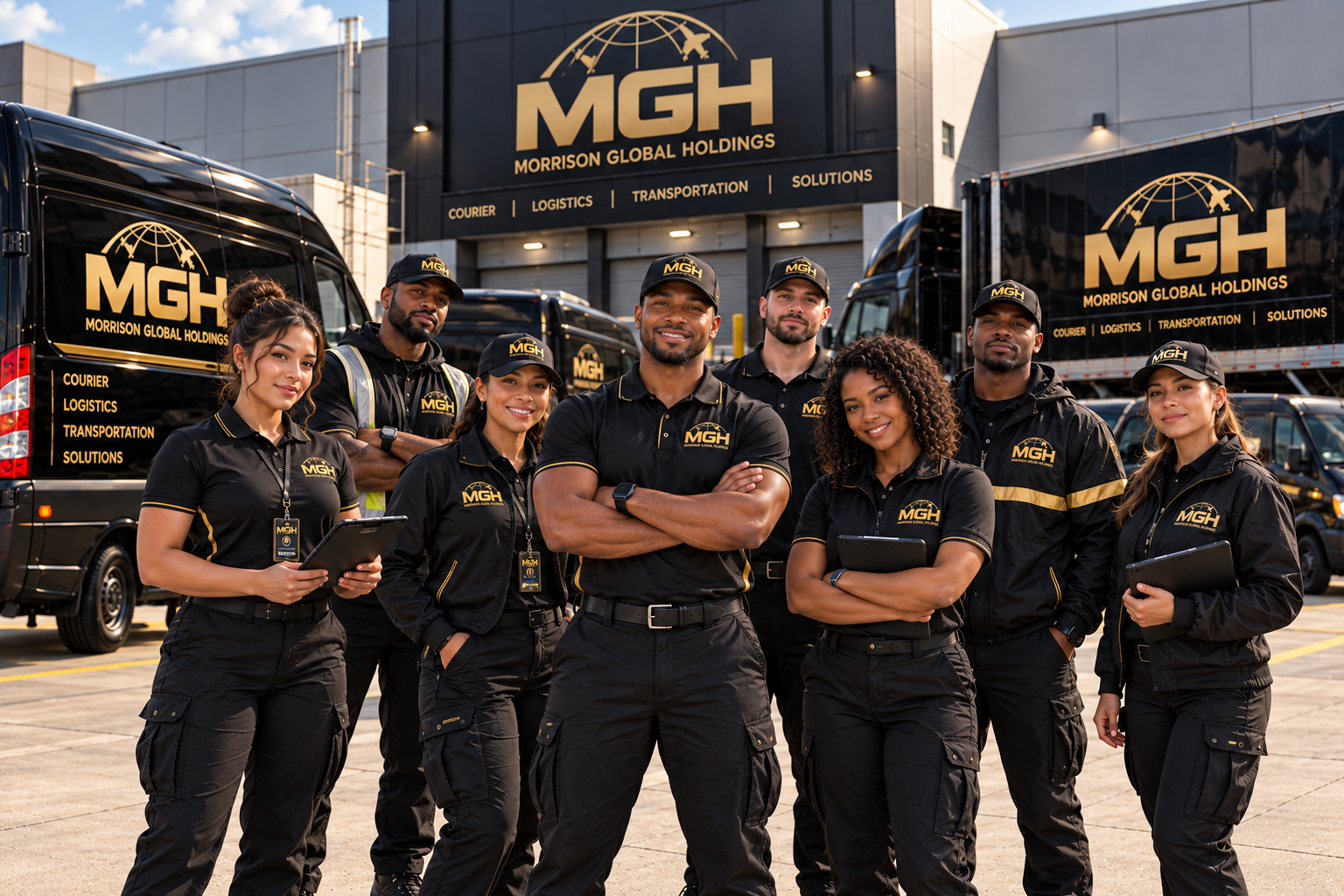 Group of eight Morrison Global Holdings employees standing in front of delivery trucks with the company's logo, wearing black uniforms and caps, smiling for the camera.