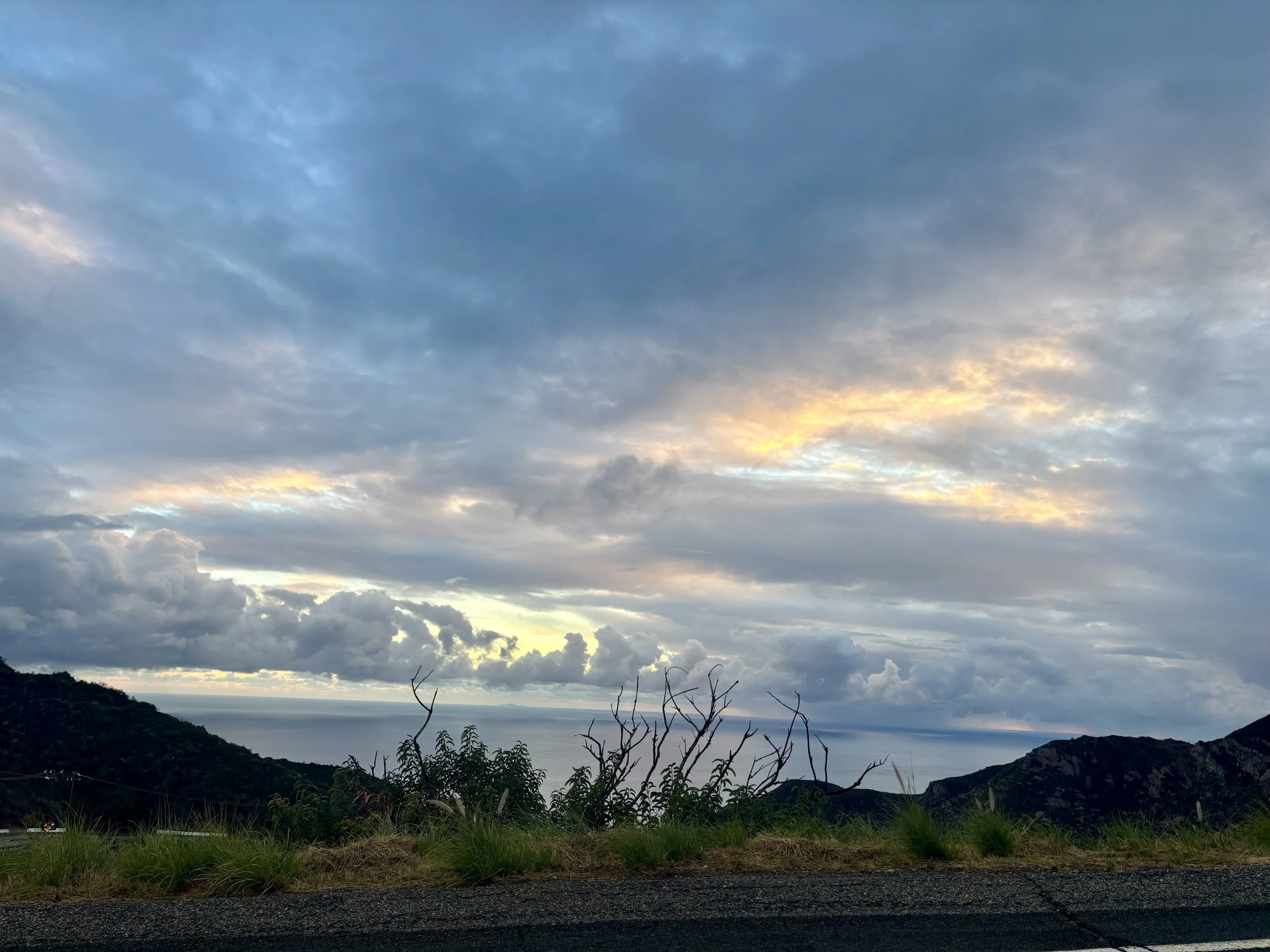 Dramatic sunset over the ocean viewed from a rugged coastal hillside, with storm clouds, rocky terrain, and foreground vegetation.