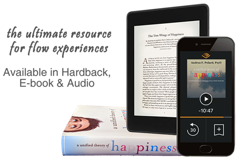 A unified theory of happiness book with tablet e-book and smartphone audiobook displays