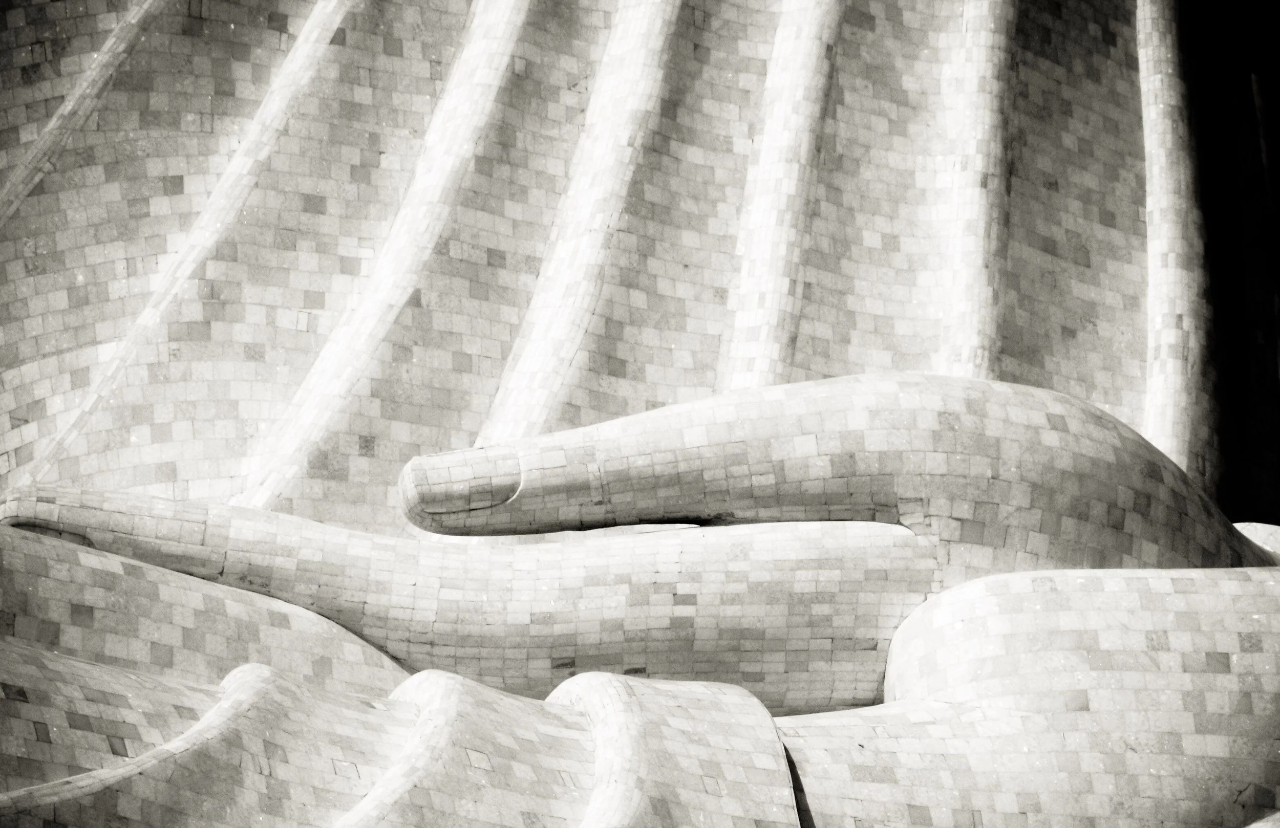 Close-up black-and-white view of the stone masonry and curved buttresses inside a historic Gothic cathedral