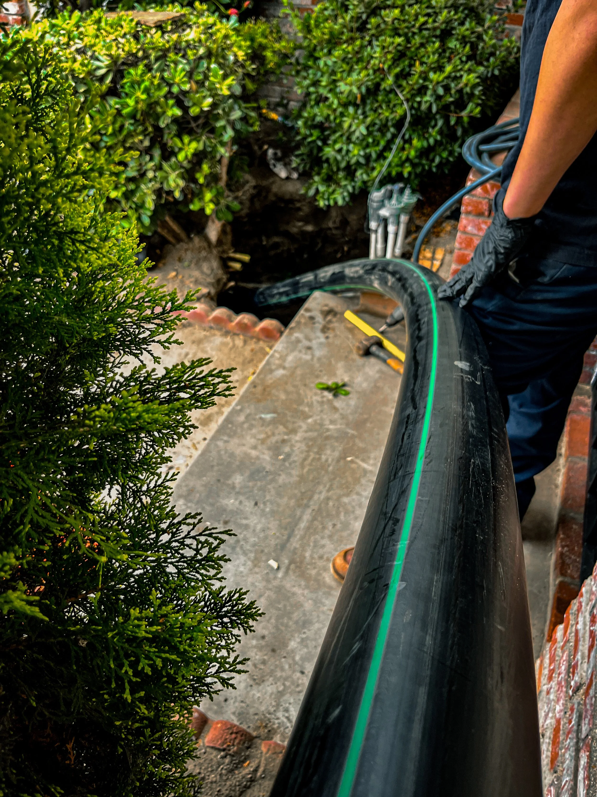 Person standing next to a garden bed, holding a tire with a green line, next to green bushes and a brick wall.