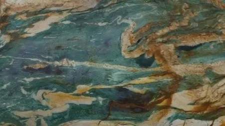 Abstract painting with swirling blue, green, brown, and white colors.