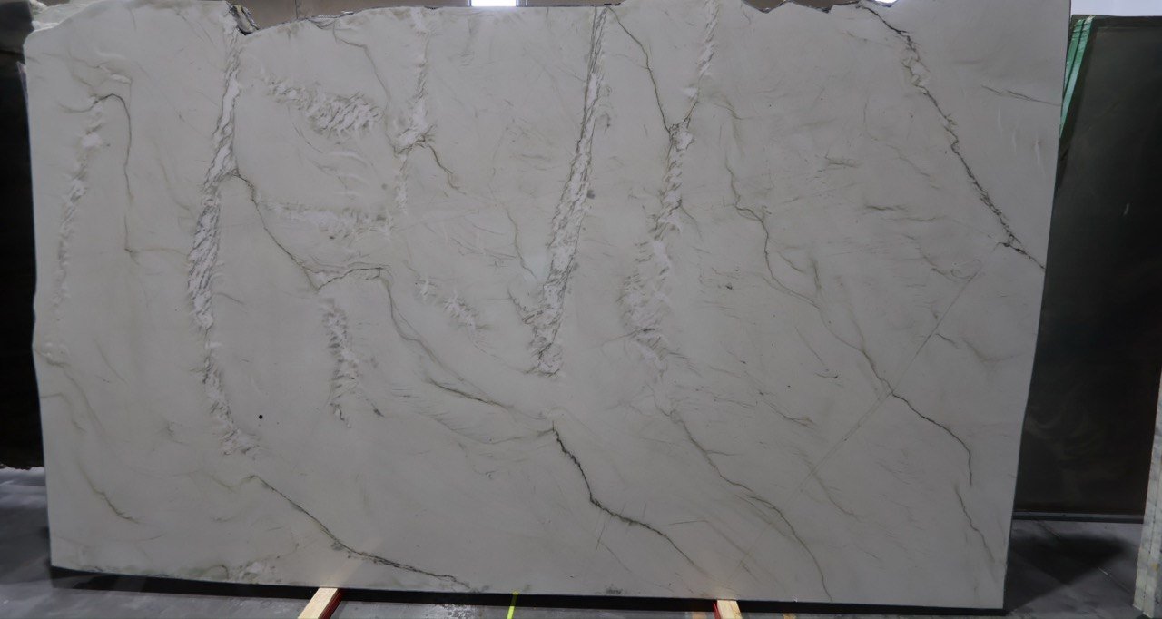 Full slab of marble, white with light gray veining, available at St. George Stone Studio in St. George, UT