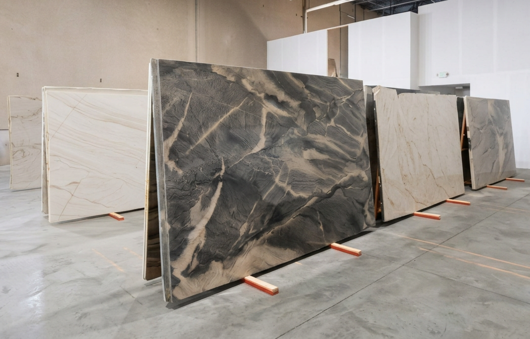 Multiple large marble slabs with various white, beige, and dark gray veining, displayed upright on wooden supports in a warehouse or showroom.